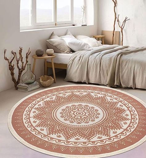 (Ad) SHACOS 4Ft Round Rugs Boho Mandala Woven Cotton Area Rug Chic Decorative Circle Rug with Tassels Machine Washable for Living Room Bedroom Kitchen Kids Room (4 ft, Peacock Flower) #bedroom #bedroominspo #roundrug #indoorrug #terracottarug #linen #neutralbedroom #neutrals #earthytones #naturaltones #earthytones #earthy #homedecor #naturalhomedecor Bedroom Inspirations Neutral, Rug With Tassels, Peacock Flower, Kitchen Rugs And Mats, Boho Mandala, Laundry Room Rugs, Carpet For Living Room, Neutral Bedroom, Cotton Area Rug