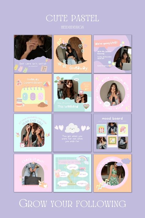 The perfect instagram template bundle for your cute and pastel y2k vibes. Use these templates to grow your following with consistent content and a professional look for social media or your small business! Creating Content For Instagram, Y2k Fonts, Pastel Y2k, Y2k Instagram, Instagram Feed Tips, Instagram Feed Layout, Selling On Instagram, Cute Pastel, Y2k Vibes