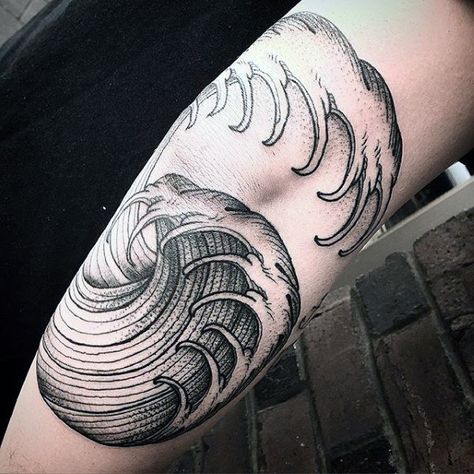 Ocean Waves Nautical Mens Outer Elbow Tattoos Knee Tats, Dave Tattoo, Surf Tattoos, Water Tattoos, Nautical Sleeve, Claw Tattoo, Ocean Sleeve, Nautical Tattoos, Knee Tattoos