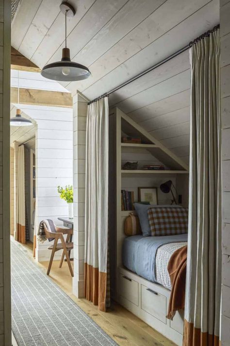 Step into this modern meets rustic retreat surrounded by nature in Montana Attic Bed, Montana Homes, Bunk Rooms, Rustic Retreat, Attic Bedroom, Bunk Room, Attic Rooms, Barn Lighting, Modern Farmhouse Style