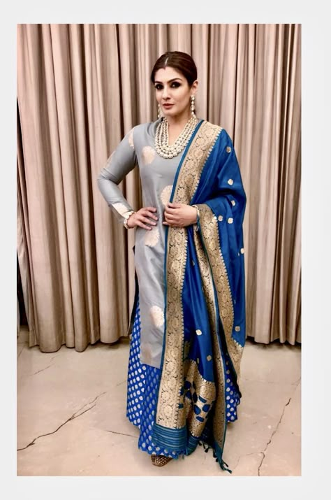 Sharara With Jacket, Banarasi Suit Designs Latest, Banarsi Suit Design, Banarasi Suit Designs, Blue Indian Dress, Suits Design Latest, Raveena Tandon, Banarasi Suit, Desi Wedding Dresses