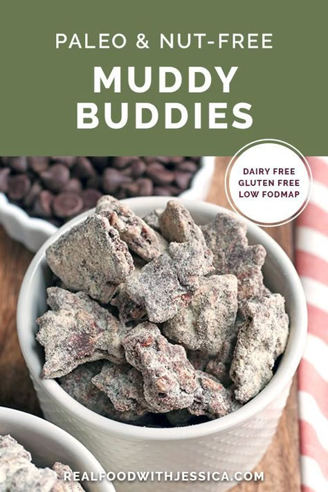 These Paleo Nut-Free Muddy Buddies (also known as Puppy Chow) are easy to make and so delicious. A chocolate and SunButter mixture poured over sunflower seeds and dusted with maple sugar. They are gluten free, dairy free, vegan, and naturally sweetened. #paleo #glutenfree #healthy #easyrecipe # nutfree #dairyfree | realfoodwithjessica.com via @realfoodwithjessica Paleo Roast, Dessert Oreo, Muddy Buddies, Paleo Recipes Dessert, Maple Sugar, Paleo Sweets, Paleo Recipes Easy, Desserts Vegan, Paleo Treats