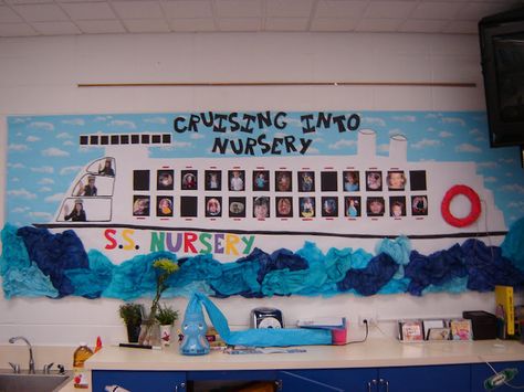 Meet The Crew Bulletin Board, Cruise Ship Themed Classroom, All Aboard Bulletin Board Ideas, Ship Bulletin Board Ideas, Airplane Bulletin Board, Sailing Bulletin Board, Ship Classroom Theme, Boat Bulletin Board, Nautical Bulletin Boards