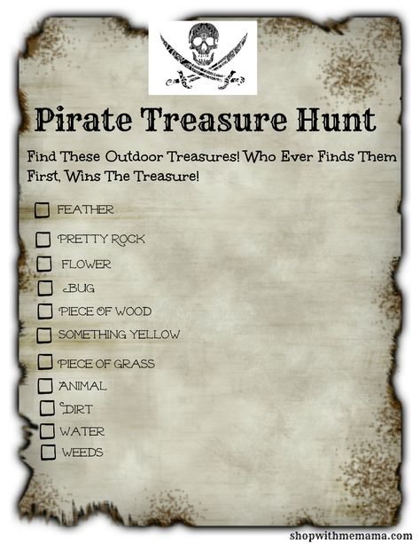 Kids bored this summer? Print out this fun Pirate Treasure Hunt Free printable! Get your kids outdoors and keep them entertained this summer! Pirate Camp Ideas, Pirate Summer Camp Ideas, Pirate Crafts For Kids Summer Camps, Pirate Week Activities For Kids, Pirate Theme Crafts, Pirate Themed Crafts, Pirate Treasure Hunt For Kids, Pirate Scavenger Hunts, Pirate Printables