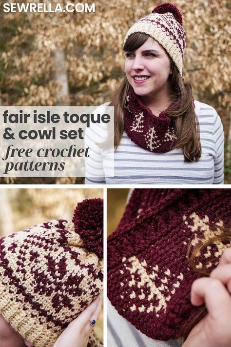 This fair isle toque and cowl set features some intricate color work that creates such stunning and unique pieces! The faux knit style is simple to achieve with my free pattern and photo charts for a fun hat and scarf duo. #crochet #freepattern #scarf #hat #beanie #fairisle Crochet Toque, Fair Isle Crochet, Knit Fair Isle, Fair Isle Hat, Cowl Crochet, Fun Hat, Loom Knitting Patterns, Crochet Hat Free, Crochet Hats Free Pattern