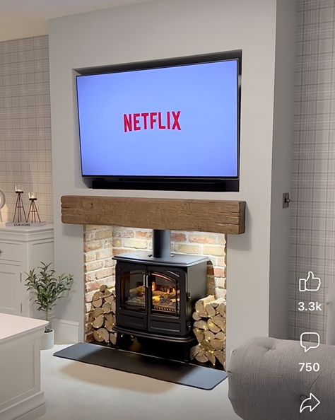 Gas Fire Tv Wall, Log Burner Tv Wall Modern, Log Burner Lounge Ideas, Media Wall Log Burner, Log Burner Media Wall, Tv Above Log Burner, Media Wall With Log Burner, Log Burner Tv Wall, Modern Log Burners