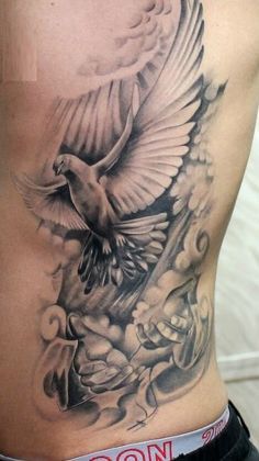 Men’s Rib Tattoo, Men Rib Tattoo, Angle Tattoo For Men, Natur Tattoo Arm, Rib Tattoos For Guys, Jesus Crucified, Dove Tattoos, Heaven Tattoos, Torso Tattoos