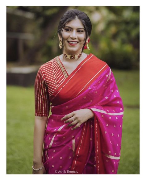 Unique Saree Combination, Gadwal Saree Blouse Designs, Sarees Modern, Striped Blouse Designs, Patola Blouse, Saree Combination, Silk Blouse Work, Net Saree Blouse Designs, Blouse Inspiration