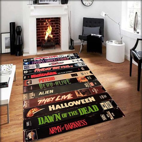 Nostalgic Retro Style Rug, Vhs Case Themed Horror Movie Room Rug, Home Theater TV Room Mat, Classic Horror Movies Decor LG1299 Welcome to our store to see our beloved custom rugs. Our rug feature design adopts 3D printing technology to achieve the effect of clear patterns, bright colors, no color fading, no ball, and more convenient use. Our rugs are a perfect match for the playroom, bedroom, hall, study room, children's room, etc. Our products consist of microfiber polyester and Non-Slip Cotton Movie Theater Room Rug, Theater Room Rugs, Horror Bedroom Art, Movie Themed Rooms Target, Small Man Cave Rug, Movie Theater Drawer, Movie Room And Game Room, Watch Movie In Living Room, House Of 1000 Corpses Rug