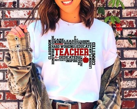 DESCRIPTION Super cute, unisex teacher shirt with a word cloud using words to describe teachers and all that they do. This teacher t-shirt would be great as a teacher gift for teacher appreciation week or a teacher Christmas gift and more. If youre looking for teacher team shirts for spirit days, #teachershirt #teachertshirt #shirtsforteachers Teacher Team Shirts, Spirit Days, Teacher Attire, Prek Teacher, Preschool Teacher Shirts, Education Shirts, Preschool Shirts, Teacher Christmas Gift, Polo Shirt Outfits