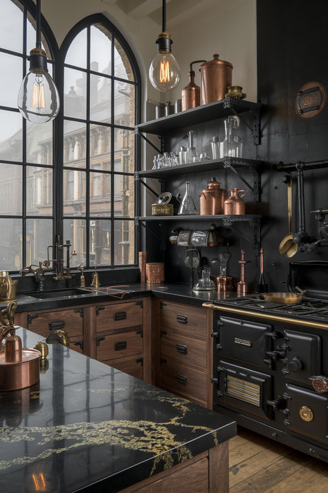 Elegant and Gorgeous Black Kitchen Ideas You Have to See Victorian Kitchen Aesthetic, Fairytale Kitchen, Academia Kitchen, Elegant Black Kitchen, Modern Victorian Kitchen, Dark Academia Kitchen, Black Kitchen Ideas, Witchy Kitchen, Gothic Kitchen