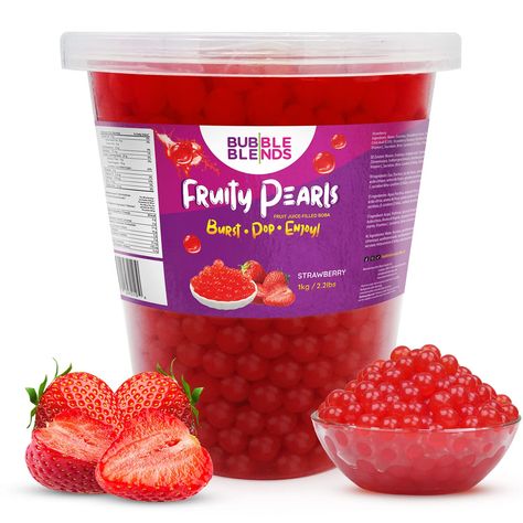 Bubble Blends Strawberry Popping Boba (2.2lbs) - Popping Pearls Non-Dairy, 100% Fat-Free & Gluten-Free - Real Fruit Juice - Bursting Boba Pearls for Bubble Tea, Boba Drink Sinkers & Dessert Toppings Strawberry Popping Boba, Bursting Boba, Popping Pearls, Bubble Fruit, Popping Boba, Real Fruit Juice, Boba Pearls, Bubble Tea Boba, Fruit Pops