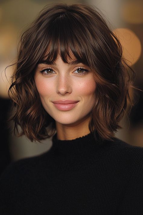 Short Brunette Hair With Bangs, Hairstyle For Oval Face, Soft Brunette, Medium Brunette, Red Brown Hair Color, Short Wavy Hairstyles, Nets Jersey, Feathered Bangs, Curly Hair Braids