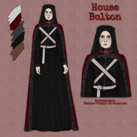 Dreadfort Game Of Thrones, House Bolton Game Of Thrones, Game Of Thrones Northern Fashion, House Stark Inspired Dress, House Stark Fashion, House Bolton Aesthetic, Lyarra Stark, Game Of Thrones Oc, Bolton Game Of Thrones