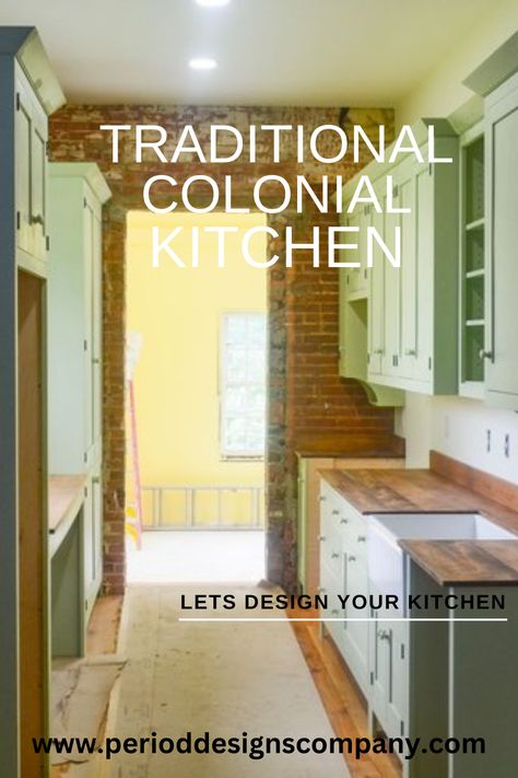 The client wanted to incorporate an Edwardian Style kitchen into the early 1800s schoolhouse home. With the small space, the client opted for a galley-style kitchen. She wanted to have an eat-in kitchen area that fits into the design of the kitchen. The design included an oversized cupboard pantry for ample storage while also hiding small appliances. The kitchen features a large farm sink, pull-out trash, and compost bin, and is completed with solid maple countertops. perioddesignscompany.com Colonial Style Kitchens, Federal Style Kitchen, Small Colonial Kitchen, Small Historical Kitchen, Kitchen Historic Home, 1890 Kitchen, Traditional Colonial Kitchen, 1880 Kitchen, 1800 Kitchens 19th Century