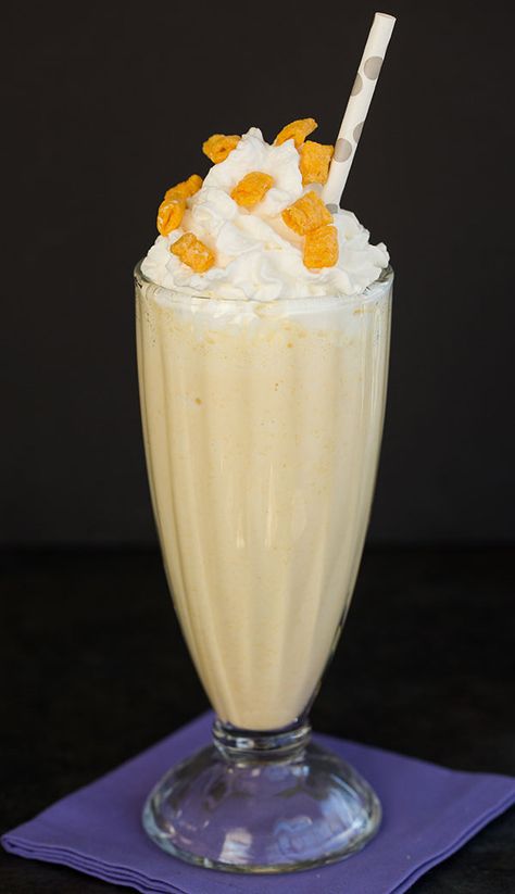 Captain Crunch Milkshake - Cereal-infused milk blended with vanilla ice cream and Captain Crunch cereal. | browneyedbaker.com Captain Crunch Cereal, Milkshake Recipe Easy, Cap'n Crunch, Brown Eyed Baker, Captain Crunch, Crunch Recipe, Capn Crunch, Frozen Dessert Recipe, Crunch Cereal