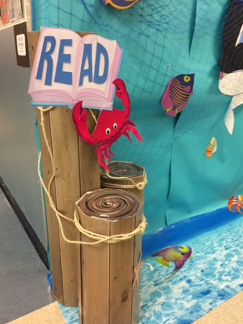 Scholastic Under the Sea Book Fair Decorations Underwater Reading Corner, Fair Decorations, Pirate Decorations, Shark Books, Pirate Ideas, Ocean Books, Book Fairs, Under The Sea Decorations, Fair Theme