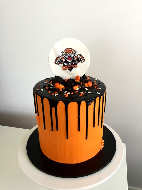 Wests Tigers Cake for my 5 year old #dripcake #blackdrip West Tigers, Orange Birthday Cake, Bolo Panda, Tiger Party, Sports Cookies, Tiger Cake, Birthday Boards, Halloween Birthday Cakes, Decorating Food