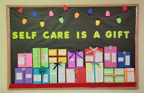 Winter Self Care Bulletin Board, Christmas Counseling Bulletin Boards, Bulletin Board Themes For Work, Therapy Office Bulletin Board, Nurse Christmas Bulletin Boards, December Mental Health Bulletin Board, Self Care Ra Bulletin Board, Winter Health Bulletin Boards, Christmas Work Bulletin Board Ideas