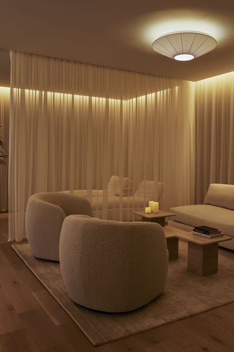 Spa lounge with lime wash walls, sheer curtains and neutral fabrics and finishes Float Room, Lime Wash Walls, Spa And Wellness Center, Lincoln Park Chicago, Spa Lounge, Spa And Wellness, Washing Walls, Future Apartment, Lincoln Park