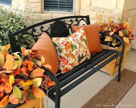 Fall Bench Decor, Fall Patio Decor, Front Porch Bench, Fall Patio, Porch Bench, Home Outdoor Decor, Homemade Wreaths, Fall Front Porch Decor, Dekor Diy