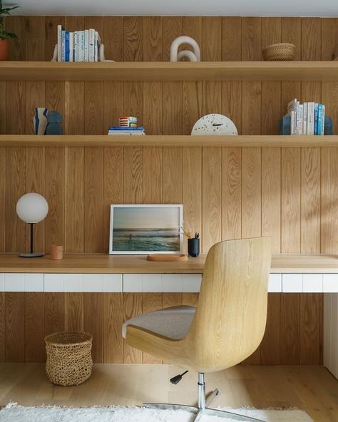 Solstice Interiors on Instagram: "When this is your work from home situation…. 🤤 a white oak desktop and tongue & groove backdrop paired with some sneaky, white-shiplap drawers below made for a timeless, crisp, and warm little workspace. // 📷: @charlotteleaphotography + styling via @en.shell.space" Oak Paneling Walls Living Rooms, White Oak Shiplap Wall, Timeless Office Design, White Oak Wall Paneling, Office Wainscoting, White Oak Shiplap, Oak Shiplap, White Oak Paneling, Solstice Interiors