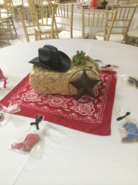 Western themed man'a birthday party centerpieces Cowboy Party Centerpiece, Western Party Centerpieces, Western Theme Party Decorating Ideas, Cowboy Centerpieces, Cowboy Birthday Party Ideas, Cowboy Birthday Party Decorations, Western Centerpieces, Western Party Decorations, Cowboy Themed Birthday Party