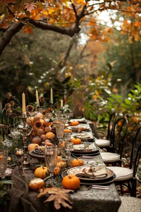 Outdoor Halloween Dinner Party, Outdoor Fall Dinner Party, Fall Outdoor Dinner Party, Fall Backyard Party, Outdoor Fall Party, Autumn Garden Party, Fall Party Food Ideas, Fall Tea Party, Pumpkin And Feta