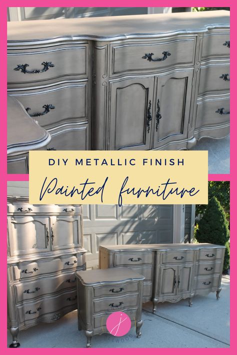 DIY Silver Furniture Finish | The Magic Brush | How to upcycle used furniture with a silver metallic paint finish on a French sideboard and table. #DIY #metallicpaint Deck Cabinet, Silver Painted Furniture, Hollywood Bedroom, Jennifer Allwood, Metallic Painted Furniture, Painted Furniture Ideas, Silver Metallic Paint, French Sideboard, Cabinet Refinishing