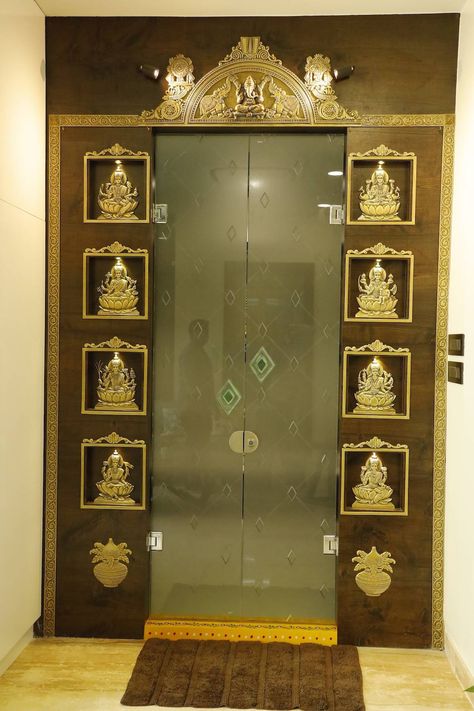 Brass Pooja Room Door, Modern Bedroom Pop Design, Pooja Room Glass Door Design Indian, Pooja Room Glass Door Design Modern, Pooja Room Double Door Designs, Indian Main Door Designs, Pooja Design, Pooja Room Door, Pooja Door