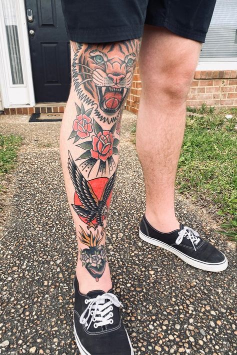 45 Traditional American Tattoos That are Bold and Beautiful | Inspirationfeed Traditional Tattoo Knee, Traditional Tattoo Leg Sleeve, American Traditional Sleeve, Traditional Tattoo Man, Tiger Tattoos, Traditional Tattoo Sleeve, Old School Tattoo Designs, American Tattoos, Leg Tattoo Men