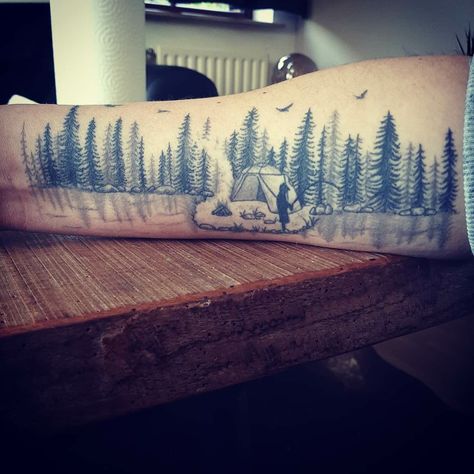 Fishing Scene Tattoo, Ice Fishing Tattoo Ideas, My Own Tattoo, Bass Fishing Tattoo, Fly Fishing Tattoo, Fishing Tattoo, Camping Tattoo, Lake Tattoo, Scene Tattoo