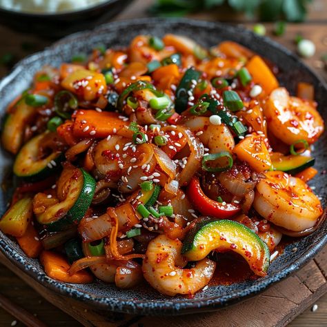 Ojingeo Bokkeum, or Spicy Stir-Fried Squid, is a beloved Korean dish that has captured the hearts and taste buds of seafood lovers around the world. This dish Korean Seafood Recipes, Korean Squid Recipe, Asian Seafood Recipes, Ojingeo Bokkeum, Squid Stir Fry, Squid Food, House Spirits, Korean Seafood, Fried Squid