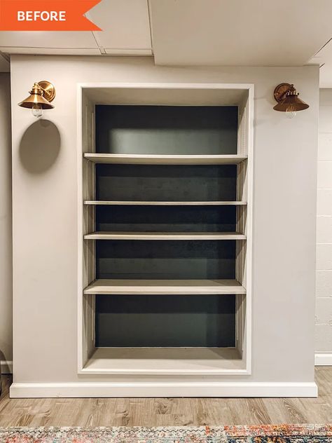 Paint Inside Built Ins, Inset Bookshelves In Wall, Built In Cabinet Hallway, Shelves With Painted Backs, Bedrooms With Built In Shelves, Creative Built Ins, Built In Shelf Remodel, Drywall Shelves Built Ins, Painting Built In Shelves