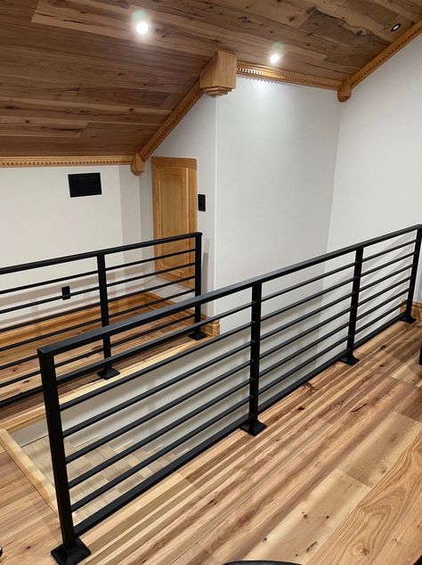 Buy a Custom Length Railing, Modern Metal Horizontal Bar Stair Railings, USA Made – optimumhandrails Black Metal Loft Railing, Home Railing Ideas, Horizontal Indoor Railing, Horizontal Railings For Stairs, Stair Railing Ideas Horizontal, Modern Loft Railing Ideas, Metal Horizontal Stair Railing, Farmhouse Iron Stair Railing, Metal Indoor Railing