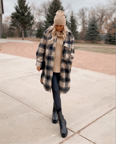 Plaid shacket, longline plaid shacket, lug boots, knit beanie, oversized beanie, leather leggings, winter outfit