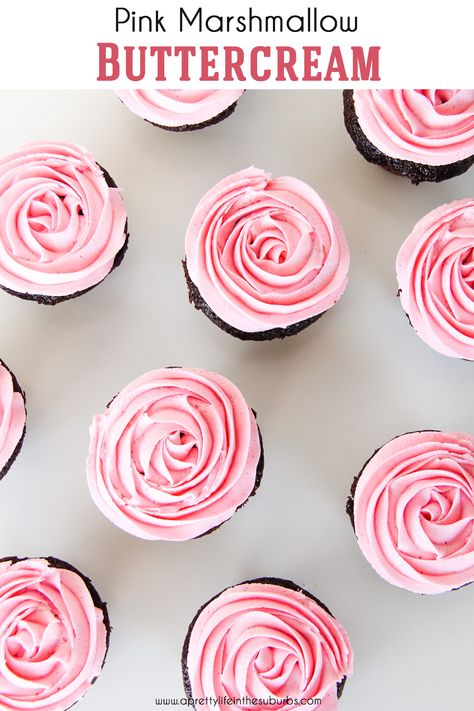 These Chocolate Cupcakes with Pink Marshmallow Buttercream are a delicious and pretty treat for your next party! A super chocolatey cupcake base with a soft marshmallowy buttercream topping.  SO good. Pink Marshmallow Buttercream, Frost Cupcakes, Whipped Cream Desserts, Pink Marshmallow, Buttercream Chocolate, Marshmallow Buttercream, Vanilla Marshmallows, Pink Marshmallows, Cupcake Frosting