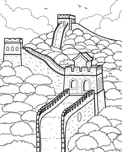 Great Wall Of China Drawing Sketch, Great Wall Of China Sketch, Great Wall Of China Illustration, Great Wall Of China Drawing, China Coloring Pages, China For Kids, Linear Illustration, Textiles Sketchbook, Chinese Wall