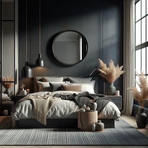 Snug and modern bedroom with a dark, Industrial aesthetic. King-sized platform bed with Padded headboard, neutral pillows, and a Woven throw blanket. Circular mirror on a dark grey wall, Bedside chest with ceramic pots, Contemporary black lamp. Floor-to-ceiling windows with white curtains, delicate plants in vases. Jute rug in Slate and navy tones. Bedroom With Round Mirror, Dark Edgy Bedroom, Bedroom Dark Gray Headboard, Black Comforter Bedroom Ideas Luxury, Charcoal Bedroom Decor, Black Wall Grey Headboard, Black Grey And Cream Bedroom, Grey And Black Bedroom Aesthetic, Dark Modern Farmhouse Bedroom