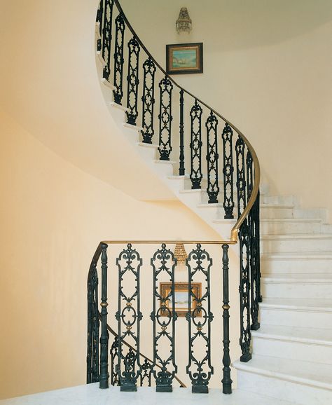 Cast Iron Railings, Cast Iron Decor, Iron Railings, Iron Stair Railing, Iron Balcony, Stairway Design, Cast Iron Grill, Floating Staircase, Modern Bedroom Interior