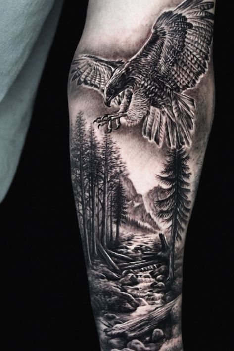 Forest tattoo #sleevetattoo #tattoosformen Animal Half Sleeve Tattoo, Half Sleeve Tattoos Nature, Half Sleeve Tattoo Ideas, Natur Tattoo Arm, Tree Sleeve Tattoo, Wildlife Tattoo, Scene Tattoo, Hawk Tattoo, Animal Sleeve Tattoo