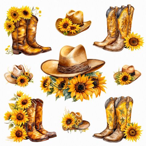 Cowboy Boots Png, Cowboy Boot Crafts, Western Clipart, Boots Png, Western Sunflower, Cowgirl Art, Chapeau Cowboy, Western Hat, Sunflower Art