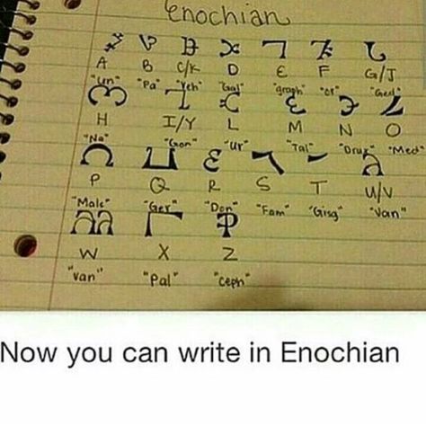 Enochian Alphabet, John Winchester Journal, Supernatural Symbols, Fictional Languages, Alphabet Code, Alphabet Symbols, Supernatural Quotes, Wiccan Spell Book, Supernatural Memes