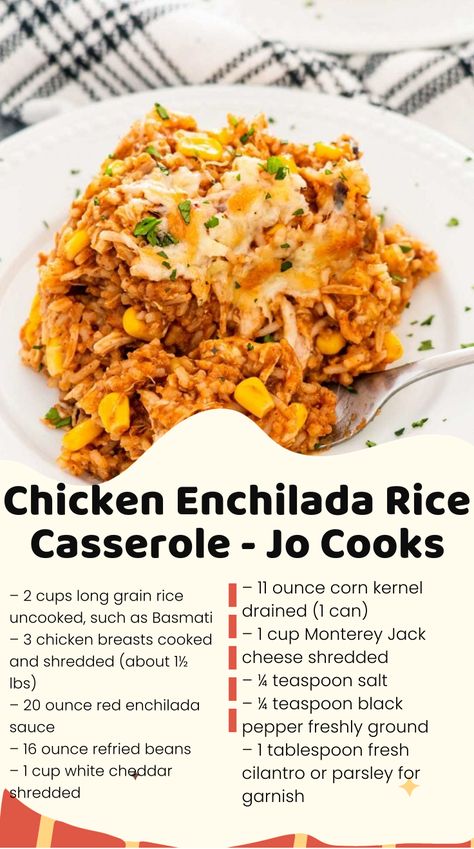 Chicken Enchilada Rice Casserole and be on your dinner table in less than 1 hr. The cheesy, hearty flavor is what makes this dish amazing. Chicken Enchilada Casserole With Rice, Chicken Enchiladas With Rice, Chicken Enchilada Rice Casserole, Enchilada Rice Casserole, Chicken Enchilada Rice, Enchilada Rice, Cheesy Chicken Enchiladas, Jo Cooks, Chicken Enchilada Casserole