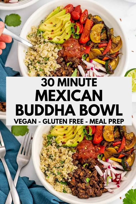 Mexican Buddha Bowl - Vegan, Gluten Free, Dairy Free, Plant Based, Meal Prep - ready in 30 minutes, this healthy buddha bowl is packed with flavor and so easy to make. Great for meal prep too! Loaded Bowls, Mexican Buddha Bowl, Cilantro Lime Ranch, Cilantro Lime Ranch Dressing, Quick Guacamole, Cilantro Lime Quinoa, Mini Peppers, Buddha Bowls Recipe, Vegan Buddha Bowl