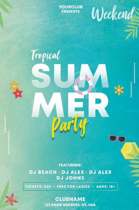 Dj Pool Party, Tropical Summer Party, Dj Electro, Pool Parties Flyer, Summer Party Flyer, Sunset Party, Free Psd Flyer Templates, Banner Web, Free Psd Flyer