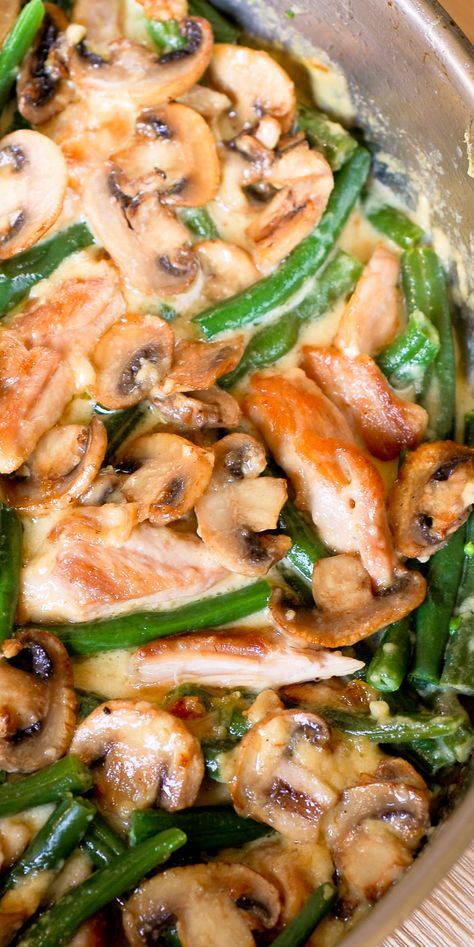 Chicken With Green Beans, Green Beans And Mushrooms, One Skillet Chicken, Chicken Green Beans, Dinner Rotation, One Skillet, Resep Diet, Chicken Entrees, Skillet Chicken