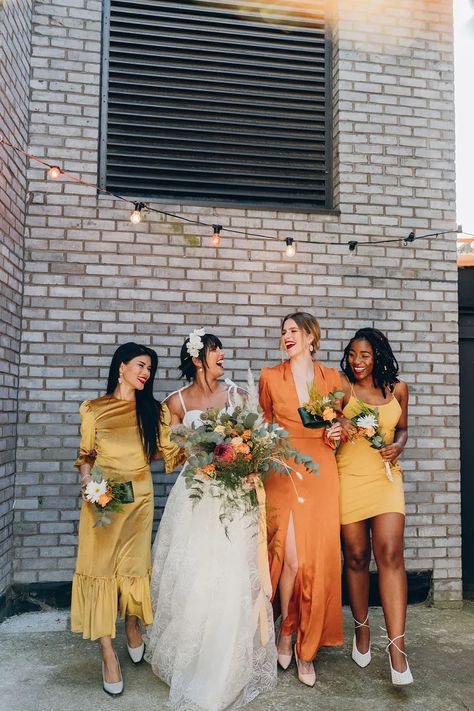 Plunging Neckline Wedding Dress, Needle And Thread Dresses, Orange Bridesmaid, Bridesmaids Dress Inspiration, Outdoor Wedding Inspiration, Yellow Bridesmaid Dresses, Wedding Petals, Rock My Wedding, Orange Wedding