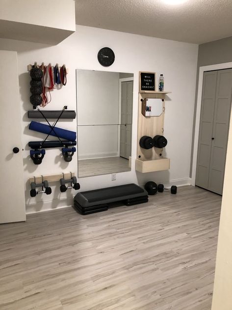 Exercise Space Home, Gym Basement Ideas Small Spaces, Wall Gym Storage, Mirror Workout Wall, Small Gym Storage Ideas, Weight Room Ideas Home Gyms Small Spaces, Gym Cabinet Storage Ideas, Mini Gym At Home Ideas Garage, Mini Workout Area