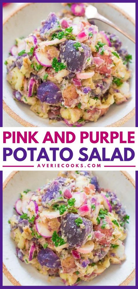 Pink and Purple Potato Salad, side dishes, simple dinner recipes Potato Salad Simple, Purple Potato Salad, Simple Potato Salad, Potato Salad No Mayo, Easy Spring Recipes, Side Dish Ideas, How To Make Pink, Best Potato Recipes, Purple Potatoes